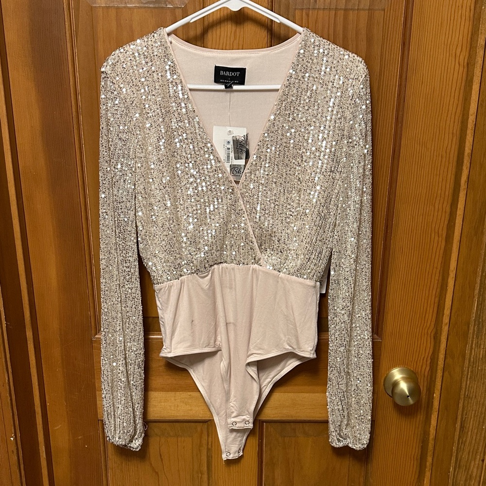 Bardot Sparkling Sequin Wrap Bodysuit in Champagne Blush